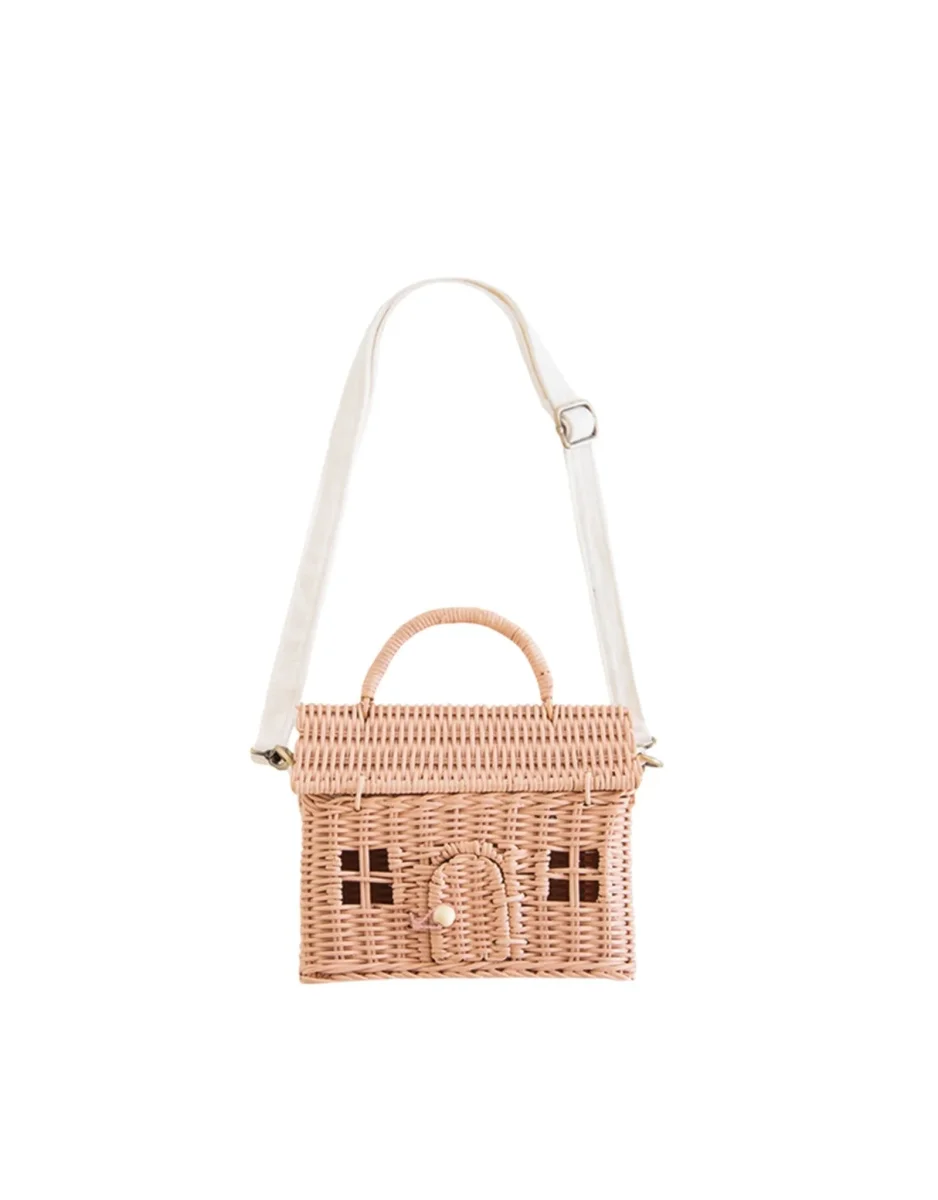 Sac bandoulière maison en rotin - Rose - Olli Ella - Boutique Maman & Bébé – Produits Essentiels au Quotidien Paniers - sac enfant animaux ou fruits - La boutique Rotin Filé