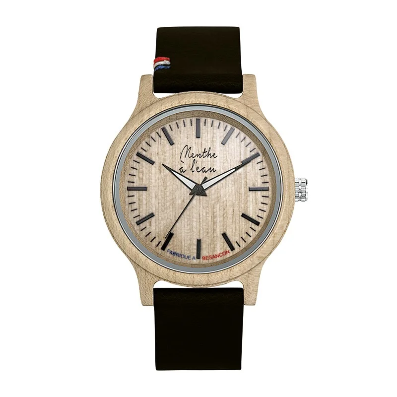 Montre Bois L’Érable bracelet Croute de cuir Noir cocarde - Vins Rouges Harmonieux pour Chaque Occasion Bracelet en cuir noir et fil d'argent-étain