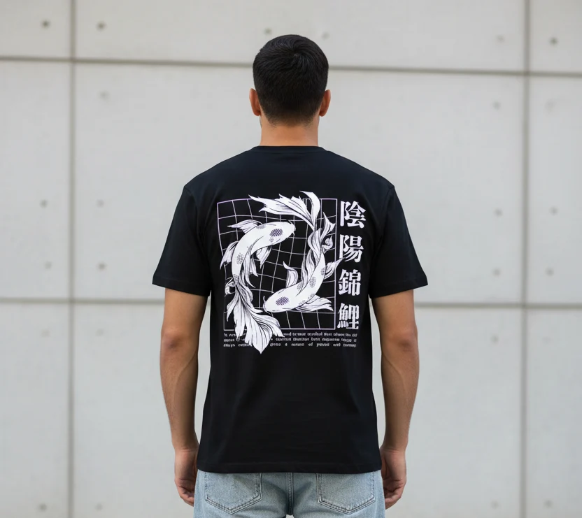 T-Shirt Japonais Koi Noir et Blanc - Saldi longues Straordinari – Offerte Speciali Disponibili Adesso