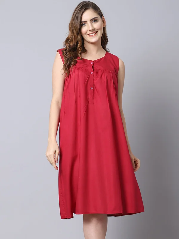 Solid Front Buttons Night Dress – Red - Saldi Straordinari – Watt Offerte Speciali Disponibili Adesso