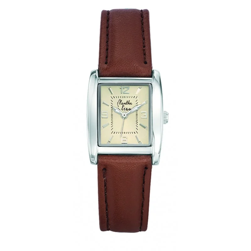 Montre Femme La Rectangle bracelet cuir camel fond champagne - Vins Rouges Cuir Harmonieux pour Chaque Occasion