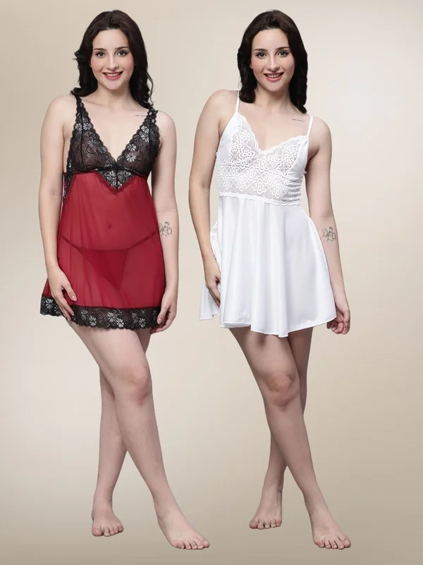 Women’s Set Of 2 Maroon & White Strap Net Baby Doll - Saldi Straordinari Enhanced – Offerte Speciali Disponibili Adesso