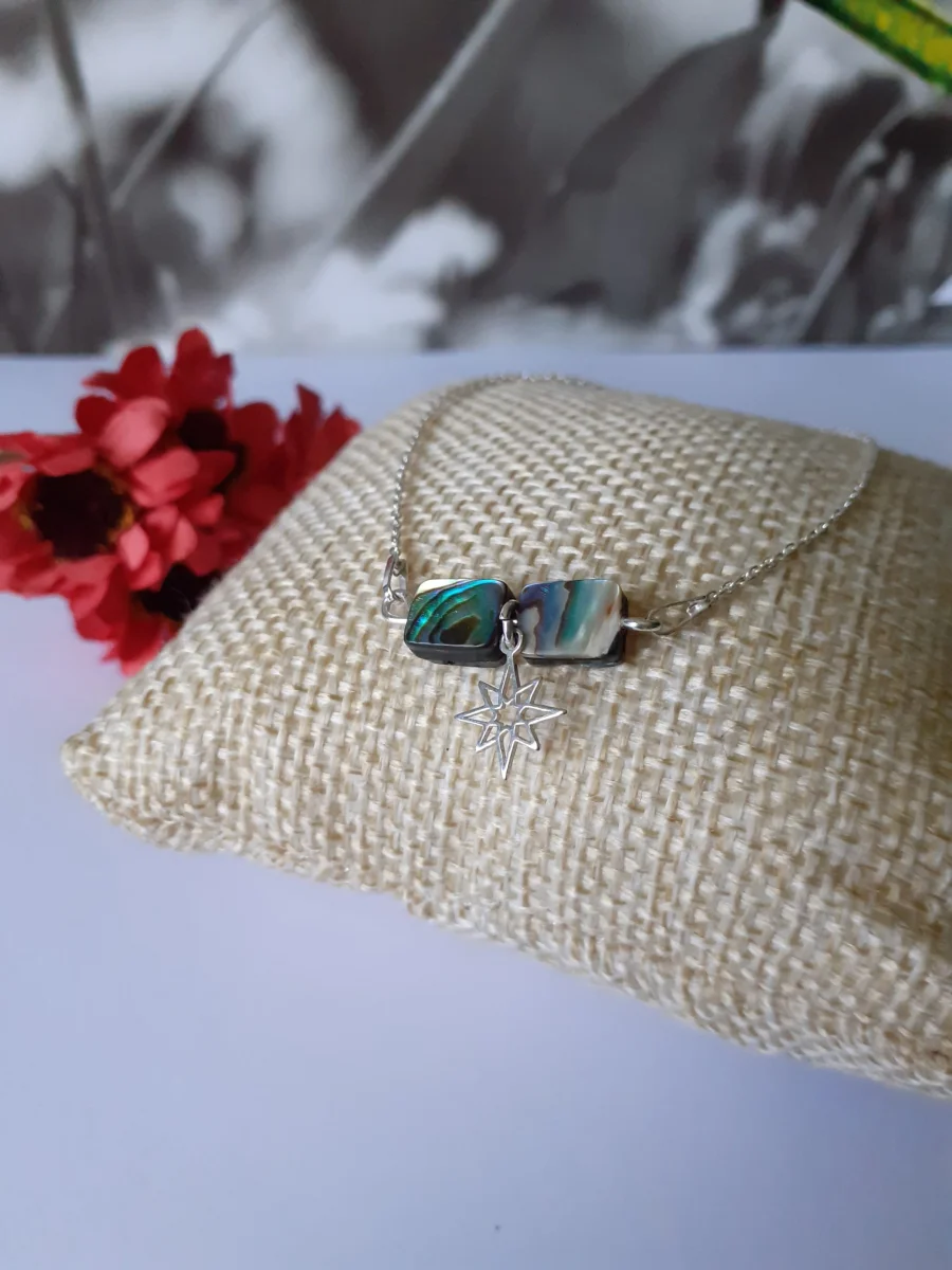 Paua bracelet minimaliste breloque étoile du nord ajourée argent sterling et perles en nacre - Vins Rouges Harmonieux pour Chaque Occasion - {'count': 1, 'name': 'modèle'}