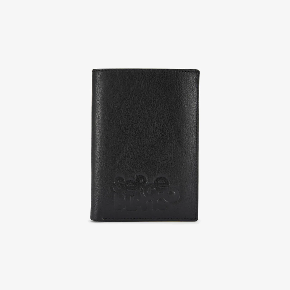 Portefeuille vertical en cuir avec logo embossé noir - E-shop mondial – Produits durables, modernes et accessibles partout - Étiquettes personnalisées