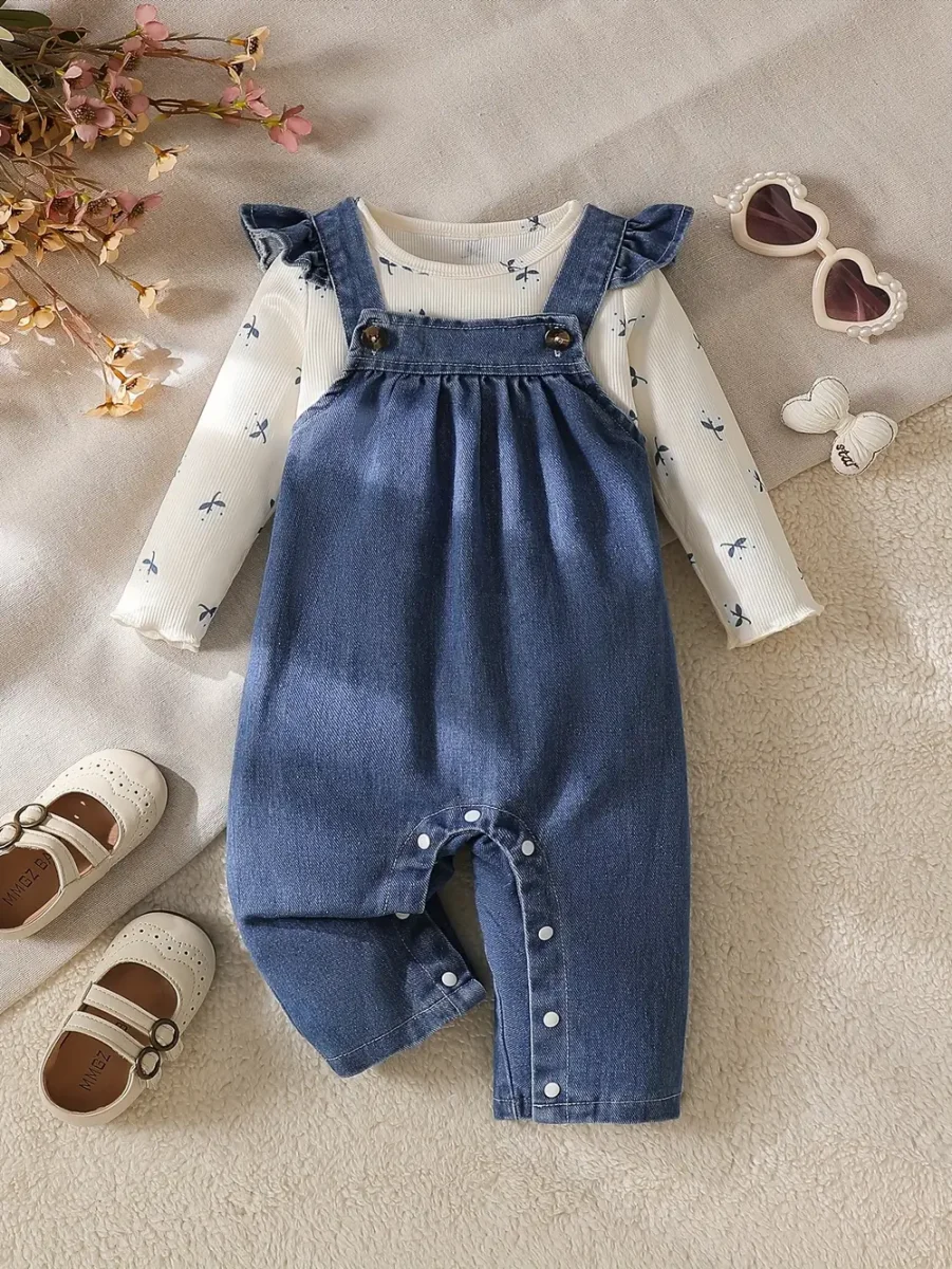 Ensemble naissance bébé fille – haut imprimé manches longues et salopette jean volantée - Éclairage de qualité avec frais de port offerts Ensemble naissance 3 pièces en point mousse - beige chiné, Bébé